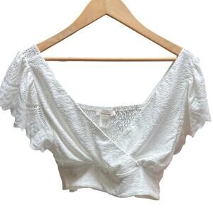Urban Romantics Cottagecore White Eyelet Flutter Sleeve Smocked Crop Top Size L